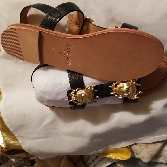 New Annabel Ingall Leather Flat Sandals Beetle Bugs Gold Tone Hardware Australia - Picture 4 of 6